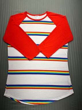 LuLaRoe Randy Raglan Tee Rainbow Stripe Red Baseball Sleeve Top Size Large